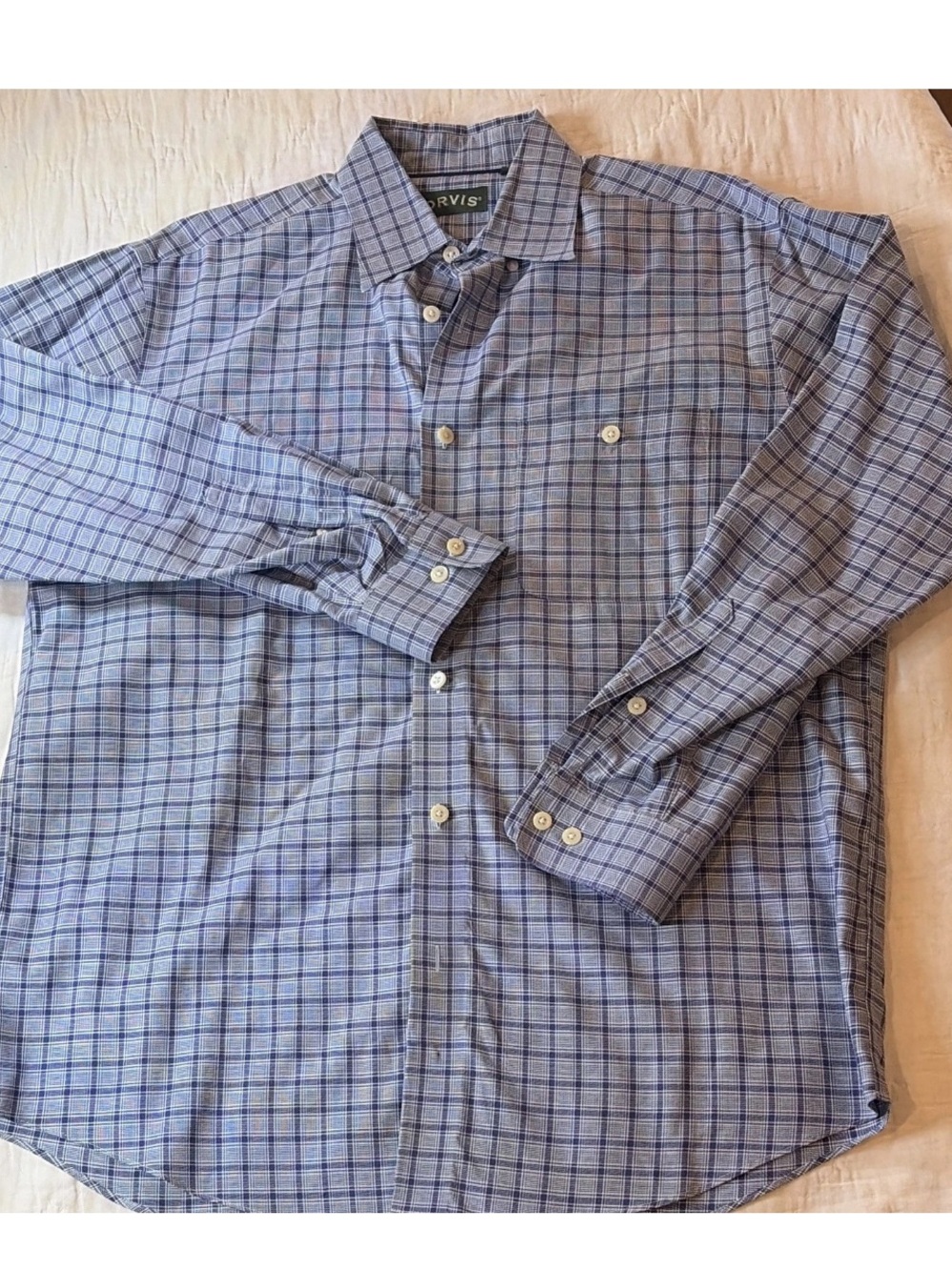 Orvis Wrinkle Resistant Blue Plaid Woven Cotton Button-Up Shirt L